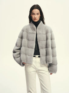 Firelady Fur Women's Cropped Mink Fur Jacket - Stand Collar in Sapphire Blue - front half