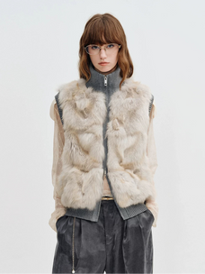 Firelady Fur Women's Fox Fur Knit Vest with Zip Front in Light Gray Gold front view