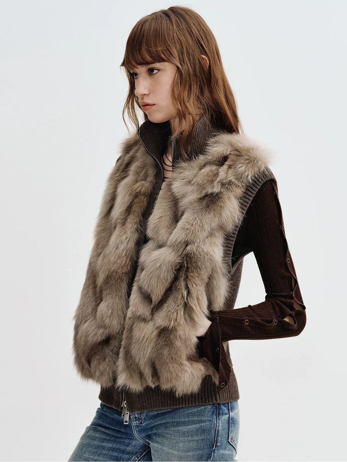 Firelady Fur Women's Fox Fur Knit Vest with Zip Front in Moss Brown angled view