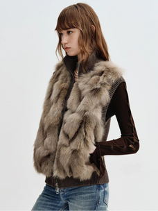 Firelady Fur Women's Fox Fur Knit Vest with Zip Front in Moss Brown angled view