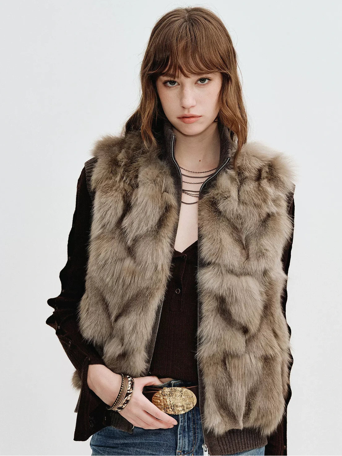 Firelady Fur Women's Fox Fur Knit Vest with Zip Front in Moss Brown front view