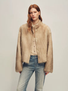 Firelady Fur Women's Toscana Shearling Jacket - Convertible Stand Collar in Pastel Brown - front half