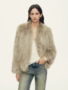 Firelady Fur Women's Saga Fox Fur Jacket - Soft V-Neck in Pine Green - front half