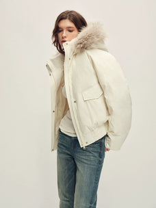 Firelady Fur Women's Hooded Goose Down Jacket - Detachable Fur Trim in White - view 2