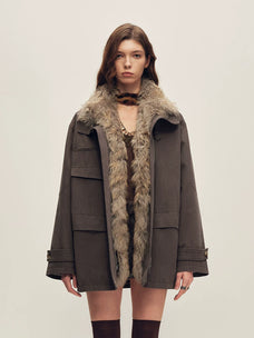 Firelady Fur Women's Mid-Length Down Parka - Detachable Curly Shearling Collar in Gray Cocoa - front half