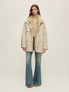 Firelady Fur Women's Mid-Length Down Parka - Detachable Curly Shearling Collar in Ivory Beige - view 2