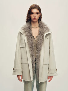 Firelady Fur Women's Mid-Length Down Parka - Detachable Curly Shearling Collar in Moonlight - front half