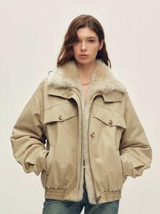 Firelady Fur Women's Cotton Twill Down Parka with Detachable Shearling Collar