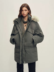 Firelady Fur Women's Hooded Goose Down Parka - Adjustable Waist in Charcoal Gray - front half