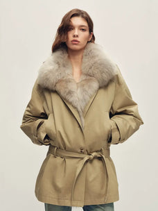 Firelady Fur Women's Belted Goose Down Parka with Detachable Fur Collar and Liner
