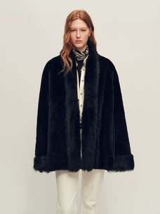 Firelady Fur Women's Shearling Coat - V-Neck with Toscana Trim in Black - front half