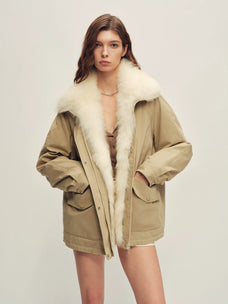 Firelady Fur Women's Fox Fur Trim Down Parka - Relaxed Fit in Khaki - front half