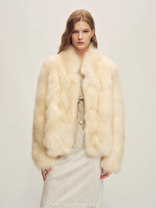 Firelady Fur Women's Cropped Fox Fur Jacket - Stand Collar in Soft White - front half
