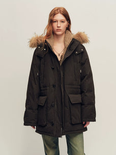 Firelady Fur Women's Hooded Down Parka - Wool Facing & Fur Trim in Deep Ink Brown - front half