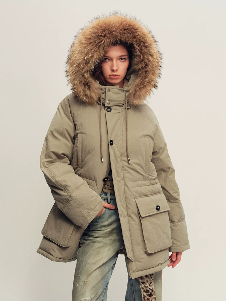Firelady Fur Women's Hooded Down Parka - Wool Facing & Fur Trim in Gray Khaki - front half