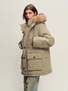 Firelady Fur Women's Hooded Down Parka - Wool Facing & Fur Trim in Gray Khaki - view 2