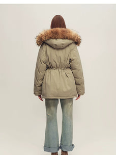 Firelady Fur Women's Hooded Down Parka - Wool Facing & Fur Trim in Gray Khaki - view 3