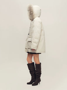 Firelady Fur Women's Hooded Down Parka - Wool Facing & Fur Trim in Light Gray White - view 2