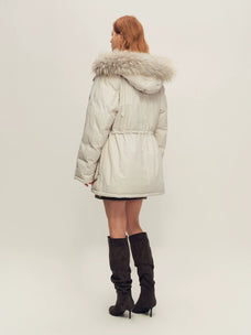 Firelady Fur Women's Hooded Down Parka - Wool Facing & Fur Trim in Light Gray White - view 3
