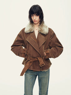 Firelady Fur Women's Cropped Down Parka - Detachable Shearling Collar in Chestnut Brown - front half
