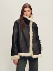 Firelady Fur Women's Reversible Shearling Leather Jacket - Toscana in Green Beige - front half-body
