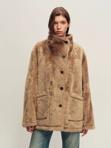 Firelady Fur Women's Merino Shearling Coat - Stand Collar in Mocha Latte - front half