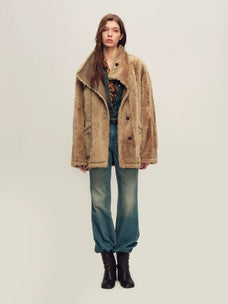 Firelady Fur Women's Merino Shearling Coat - Stand Collar in Mocha Latte - view 2