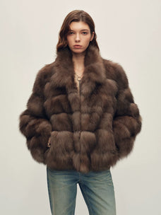 Firelady Fur Women's Fox Fur Jacket - Horizontal & Chevron Panels in Farmer Brown (Horizontal) - front half