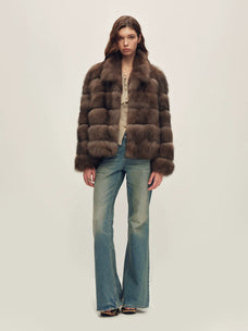 Firelady Fur Women's Fox Fur Jacket - Horizontal & Chevron Panels in Farmer Brown (Horizontal) - view 2