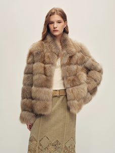Firelady Fur Women's Fox Fur Jacket - Horizontal & Chevron Panels in Lavender Taupe (Horizontal) - front half