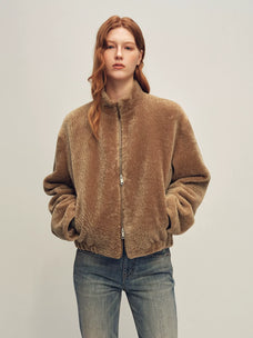 Firelady Fur Women's Cropped Shearling Fur Coat - Stand Collar in Camel - front half-body