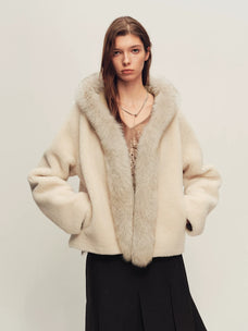 Firelady Fur Women's Hooded Shearling Jacket - Fox Fur Trim in Apricot Beige - front half-body