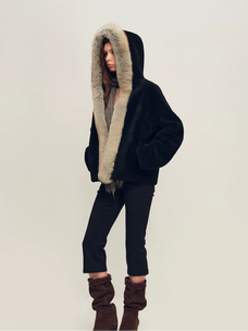 Firelady Fur Women's Hooded Shearling Jacket - Fox Fur Trim in Black - view 2