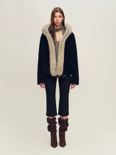 Firelady Fur Women's Hooded Shearling Jacket - Fox Fur Trim in Black - view 3