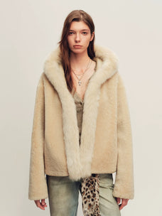 Firelady Fur Women's Hooded Shearling Jacket - Fox Fur Trim in Tea Beige - front half-body