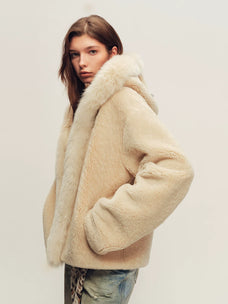 Firelady Fur Women's Hooded Shearling Jacket - Fox Fur Trim in Tea Beige - view 2
