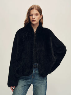 Firelady Fur Women's Toscana Shearling Jacket - Short Stand Collar in Black - front half