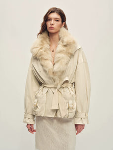 Firelady Fur Women's 3-in-1 Parka Jacket - Fox Fur Liner in Beige Gray - front half-body