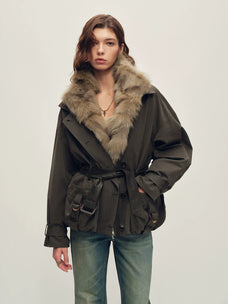 Firelady Fur Women's 3-in-1 Parka Jacket - Fox Fur Liner in Dark Stone Gray - front half-body