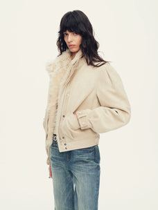 Firelady Fur Women's Cropped Down Biker Jacket - Detachable Shearling Collar in Apricot Beige Gray - view 2