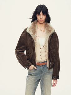Firelady Fur Women's Cropped Down Biker Jacket - Detachable Shearling Collar in Dark Brown - front half