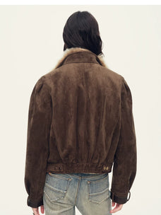 Firelady Fur Women's Cropped Down Biker Jacket - Detachable Shearling Collar in Dark Brown - view 3
