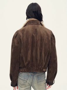 Firelady Fur Women's Cropped Down Biker Jacket - Detachable Shearling Collar in Dark Brown - view 3