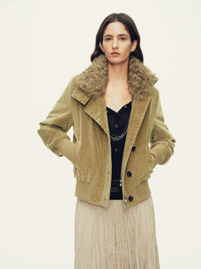 Firelady Fur Women's Corduroy Down Jacket - Curly Shearling Collar in Moss Green - front half