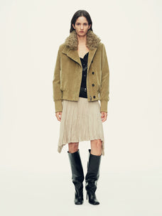 Firelady Fur Women's Corduroy Down Jacket - Curly Shearling Collar in Moss Green - view 3