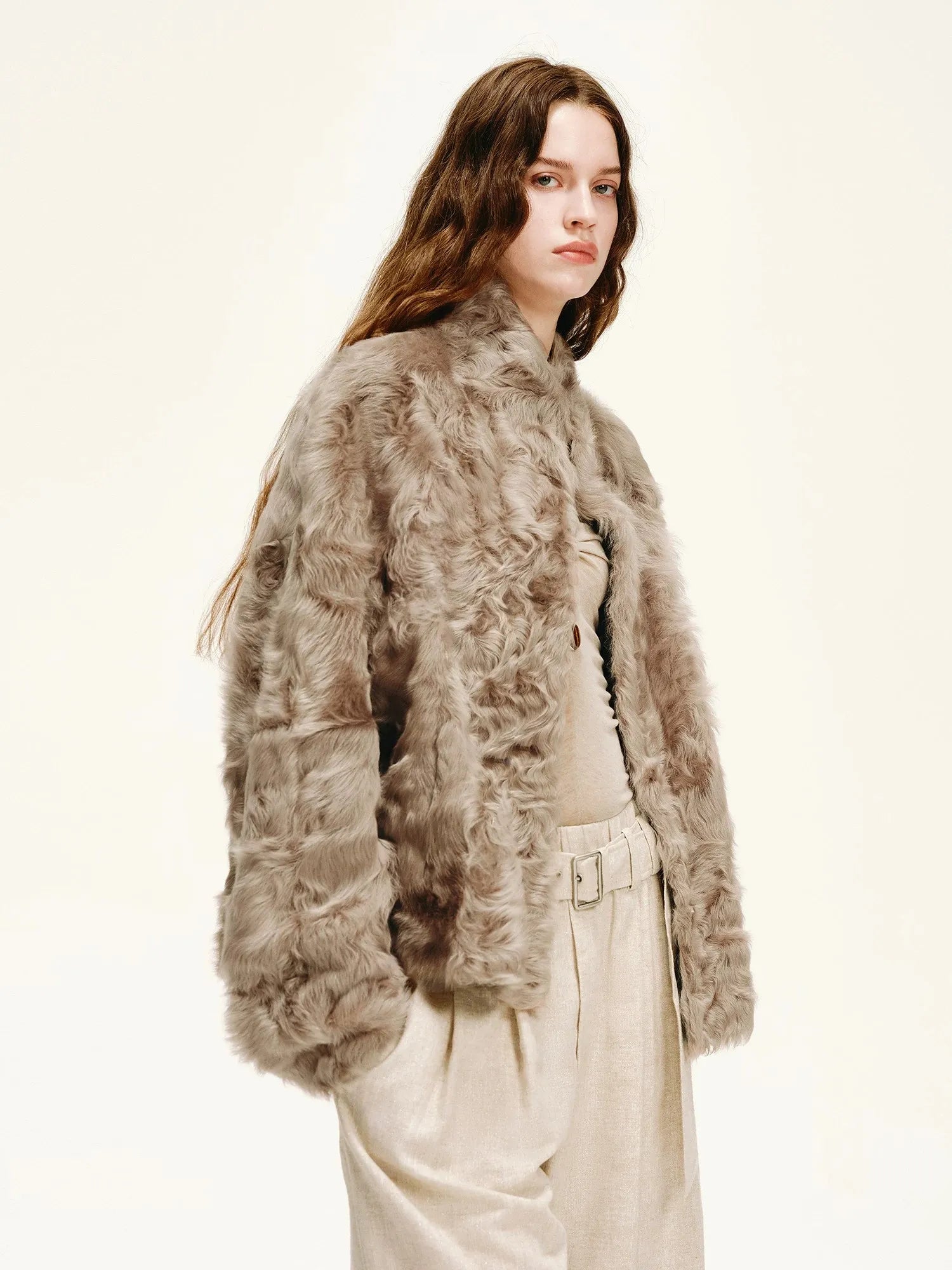Firelady Fur Women's Young Hu Sheepskin Shearling Coat – Lightweight Cropped Stand-Collar Jacket with Natural Water-Wave Curls