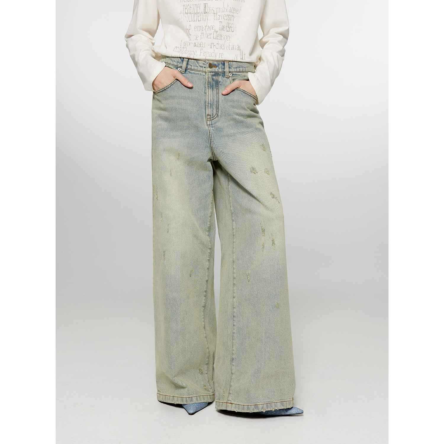 "90 Street" Retro Washed Distressed Straight Leg Wide Leg Low Crotch Jeans Women's Loose Pants - variant_title
