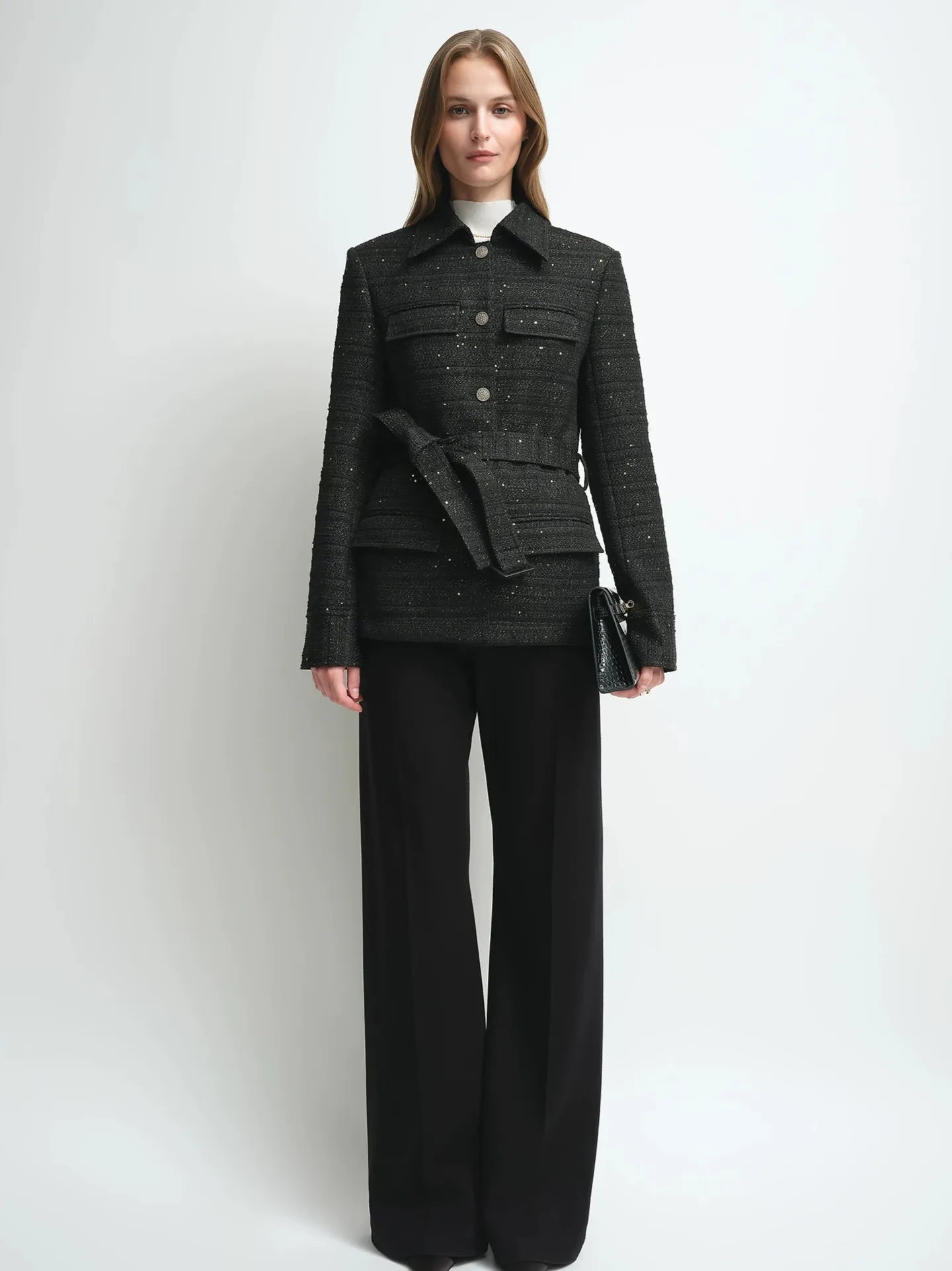 Firelady Fur Women's Wool-Blend Tweed Jacket – Belted Four-Pocket Design