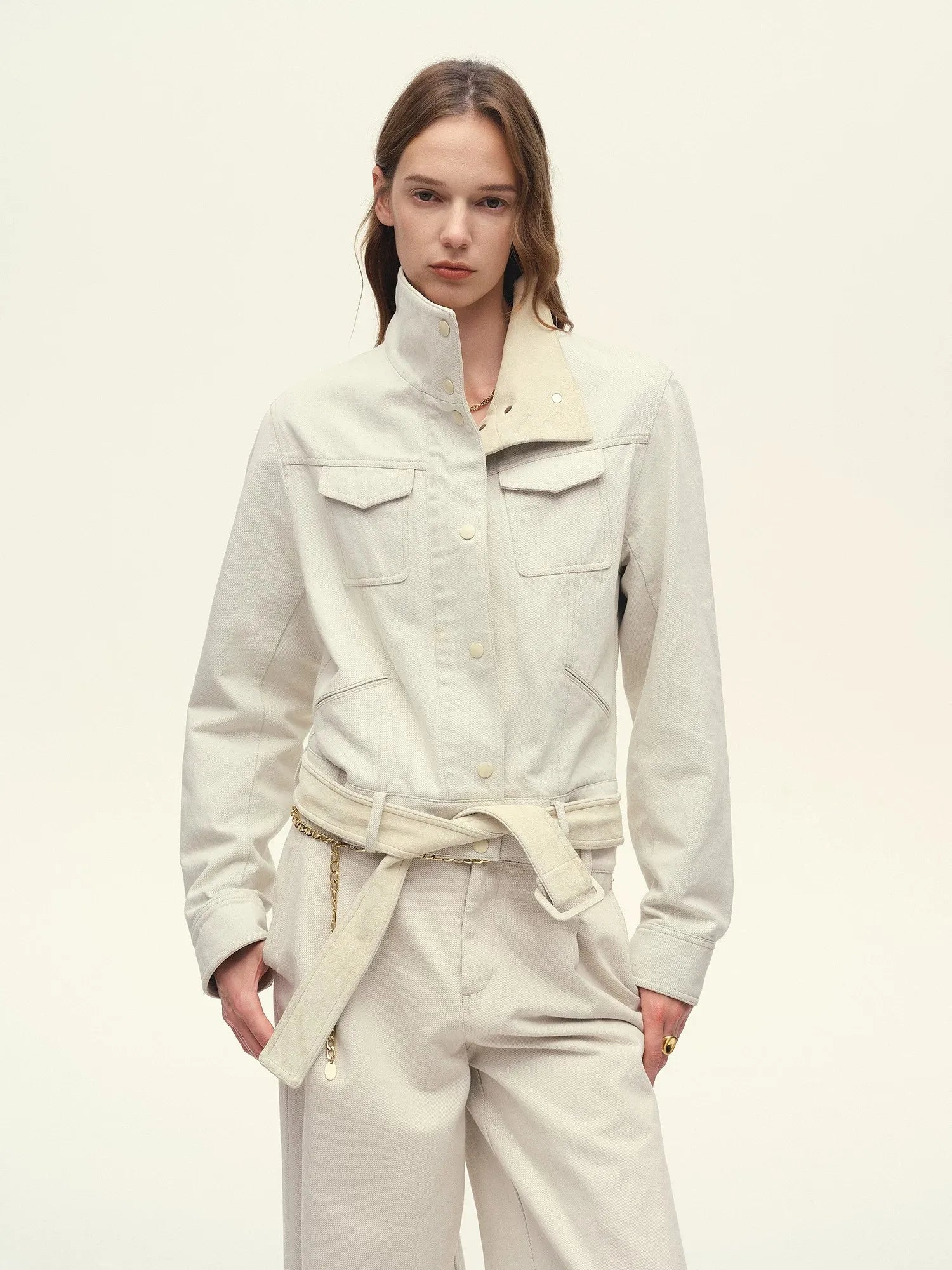 Firelady Fur Women's Suede & Washed Denim Cropped Jacket – High-Waisted Convertible-Collar Design with Sheepskin Trim