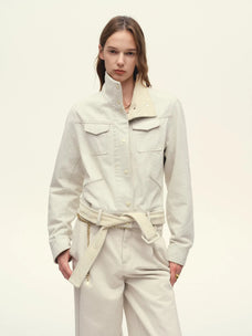 Firelady Fur Women's Suede & Washed Denim Cropped Jacket – High-Waisted Convertible-Collar Design with Sheepskin Trim